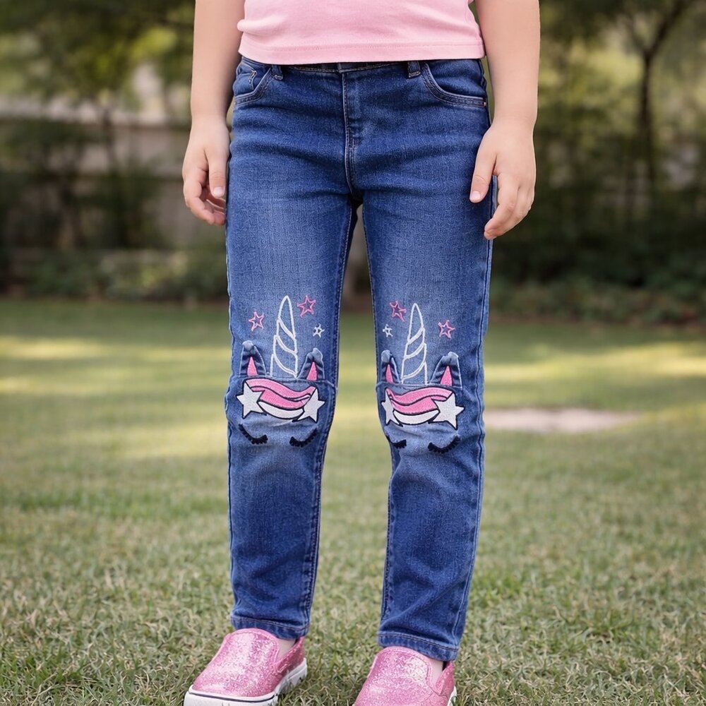 Girls Unicorn Embroidered Denim Jeggings Size 6-7 Elastic Waist Stretch Jeans
